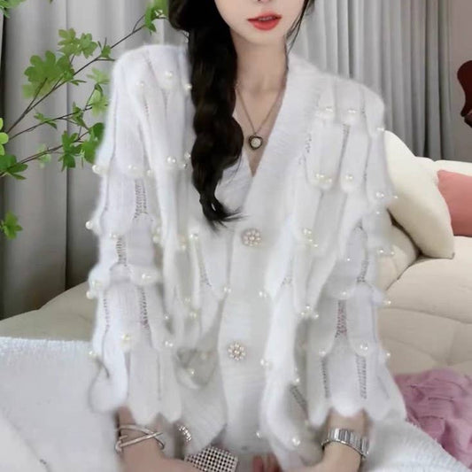 White Mermaid themed cardigan with pearls detail: