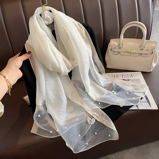 Beige Silk Scarf with Embroidered Butterflies & Pearls