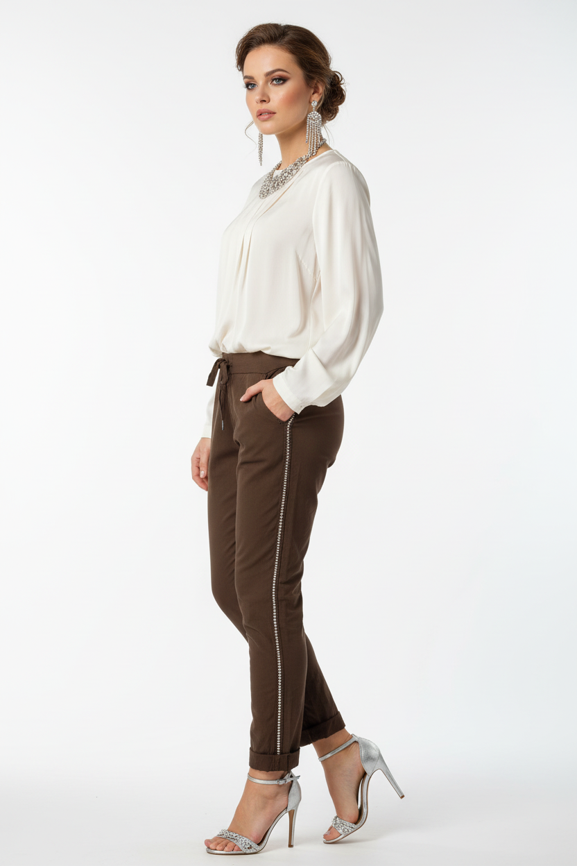Brown diamante trousers party wear side view