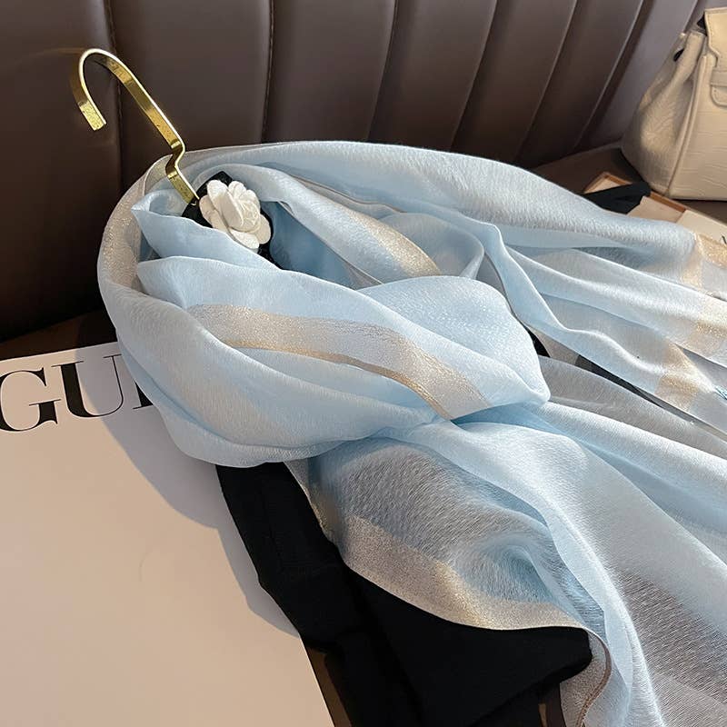 Blue Silk Scarf with Embroidered Butterflies & Pearls