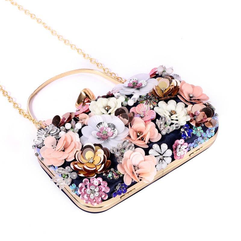Floral Embellished Clutch Bag: Silver