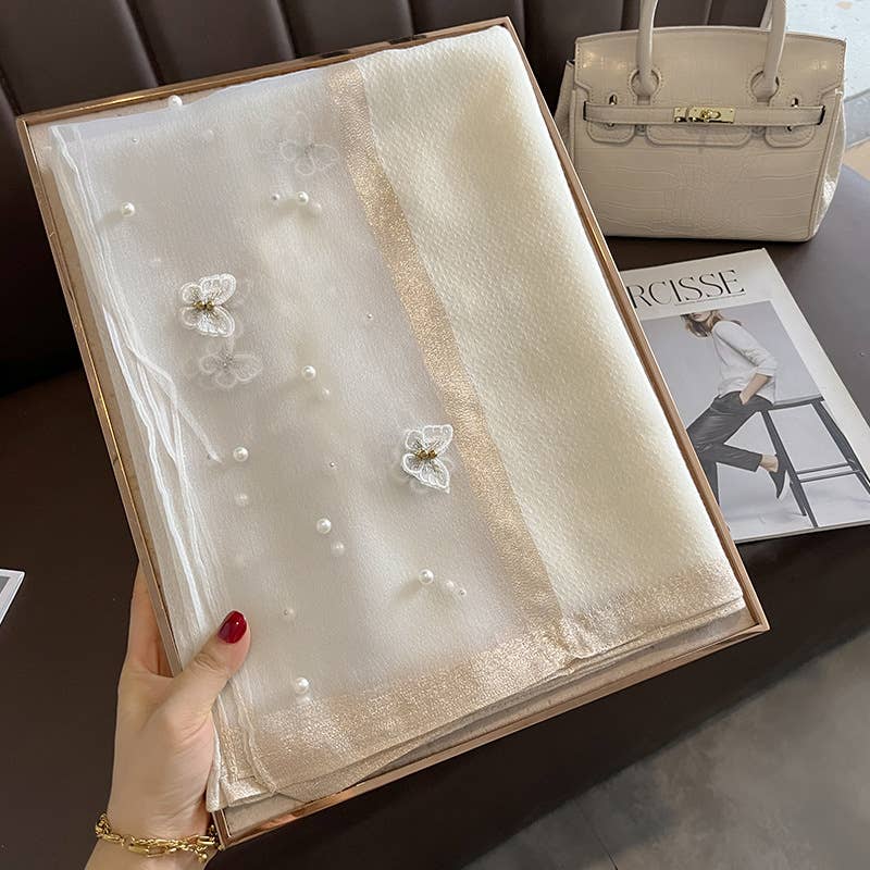 Beige Silk Scarf with Embroidered Butterflies & Pearls