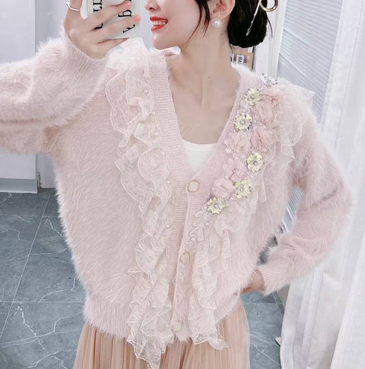 Pink Faux Fur Cardigan with Side Sparkling Flowers