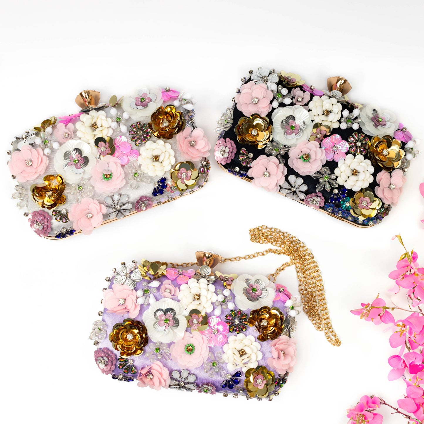 Floral Embellished Clutch Bag: Silver