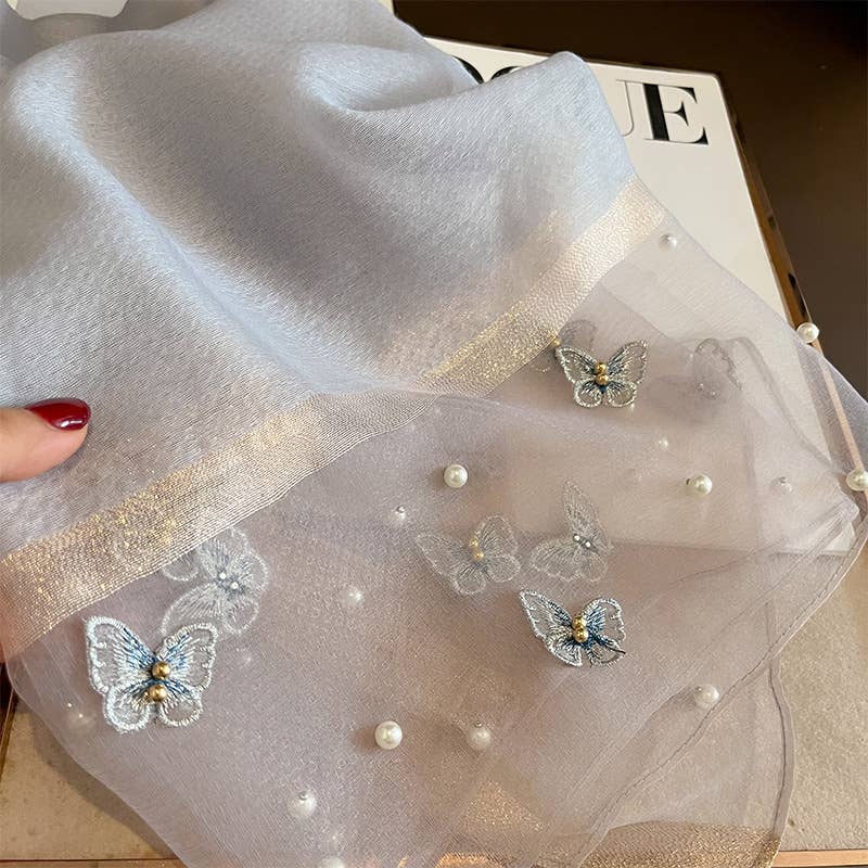 Grey Silk Scarf with Embroidered Butterflies & Pearls