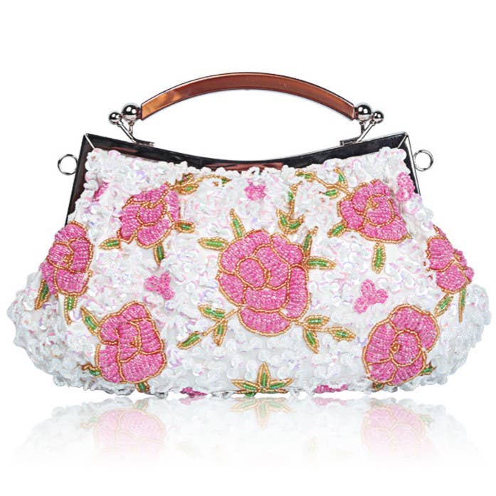 White and Pink Floral Beaded Evening Clutch Bag