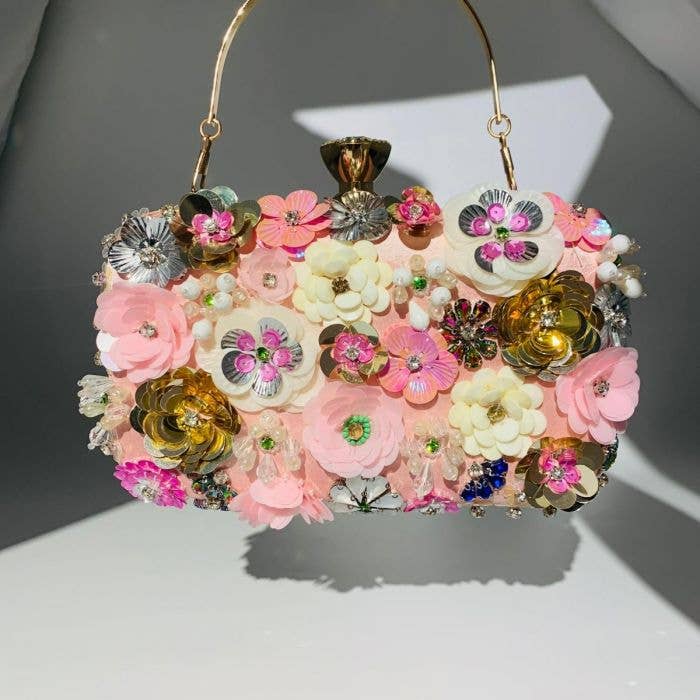 Floral Embellished Clutch Bag: Silver