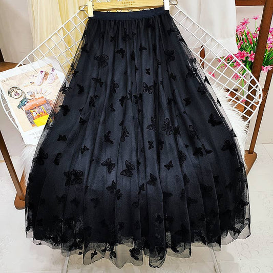 Vivid 3D Butterflies Mesh Midi Skirt - Black