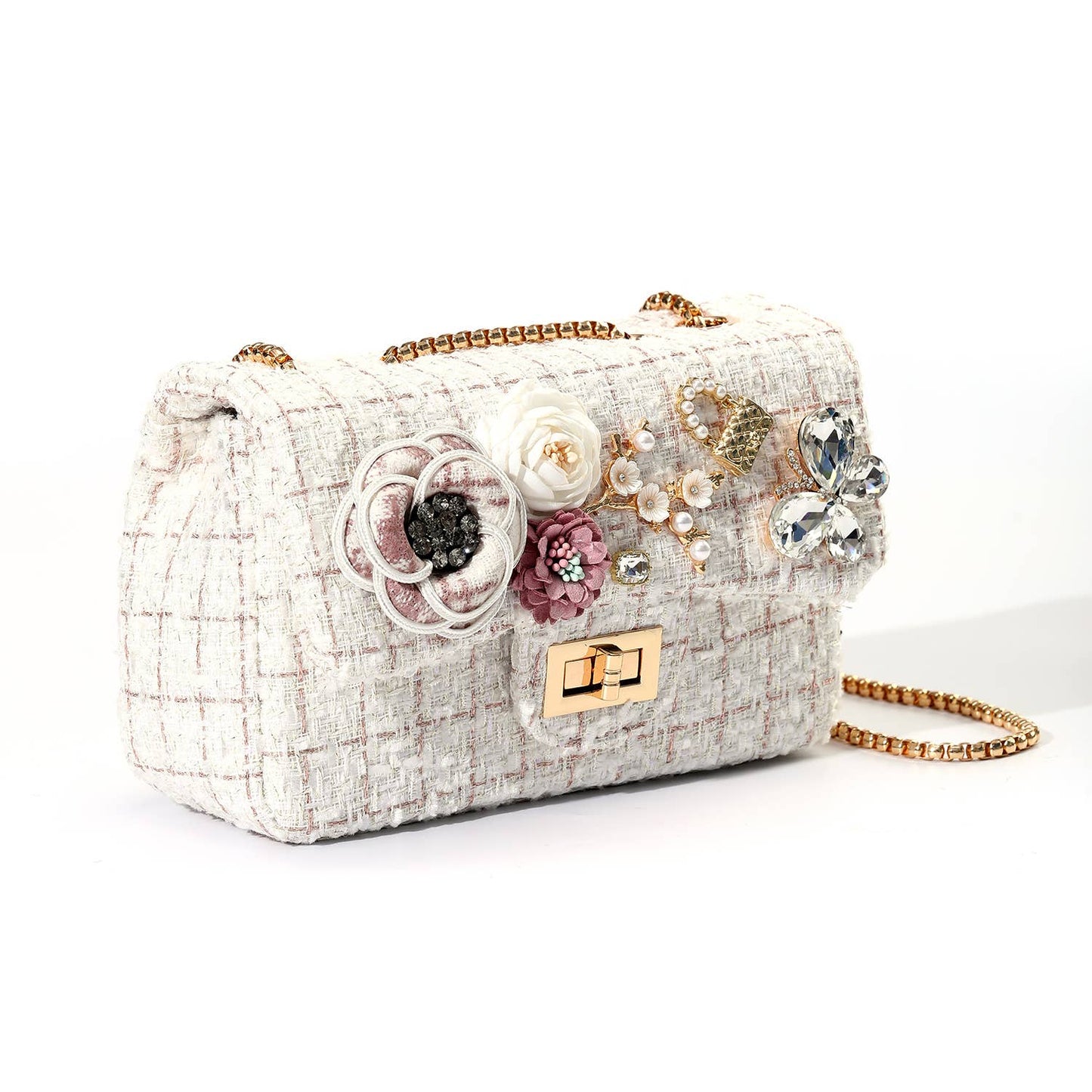 Tweed Checks Handbag with Butterfly in Cream/Blush