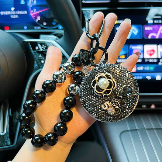 Black Beaded Round Camelia Keychain with Mirror