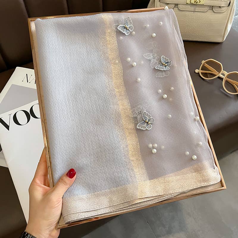 Grey Silk Scarf with Embroidered Butterflies & Pearls