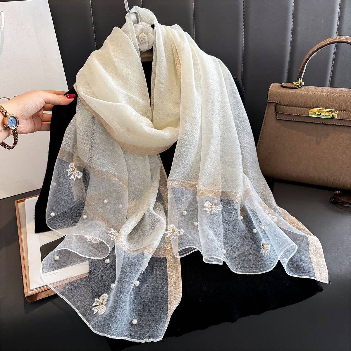 Silk Scarf with Embroidered Bows & Pearls
