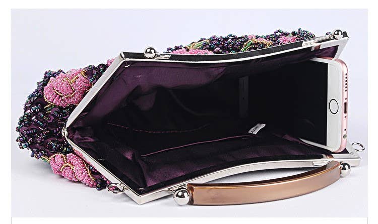 White and Pink Floral Beaded Evening Clutch Bag