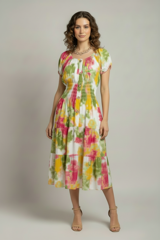 Floral dress on model - below knee length