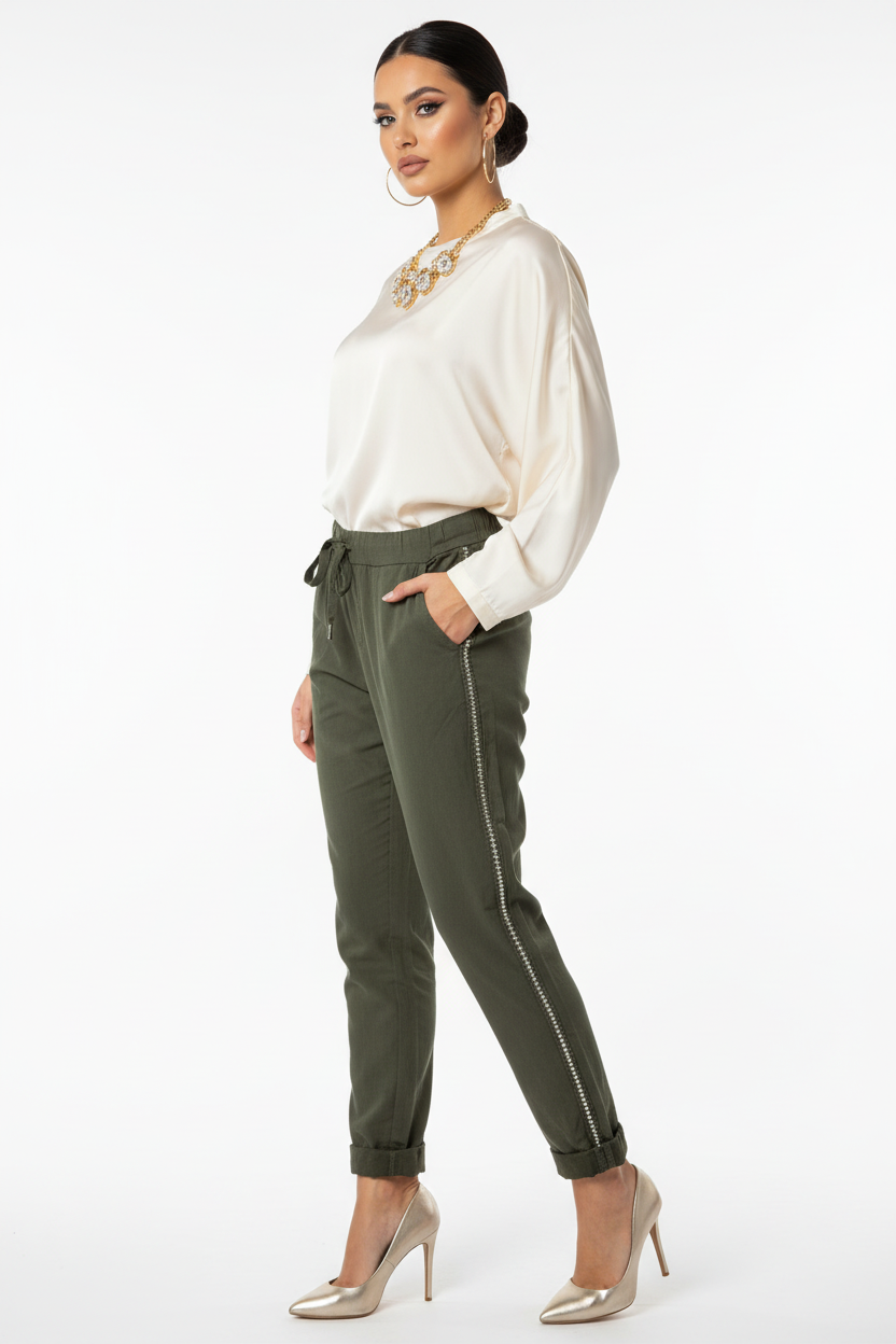 Olive green diamante trousers party wear side view