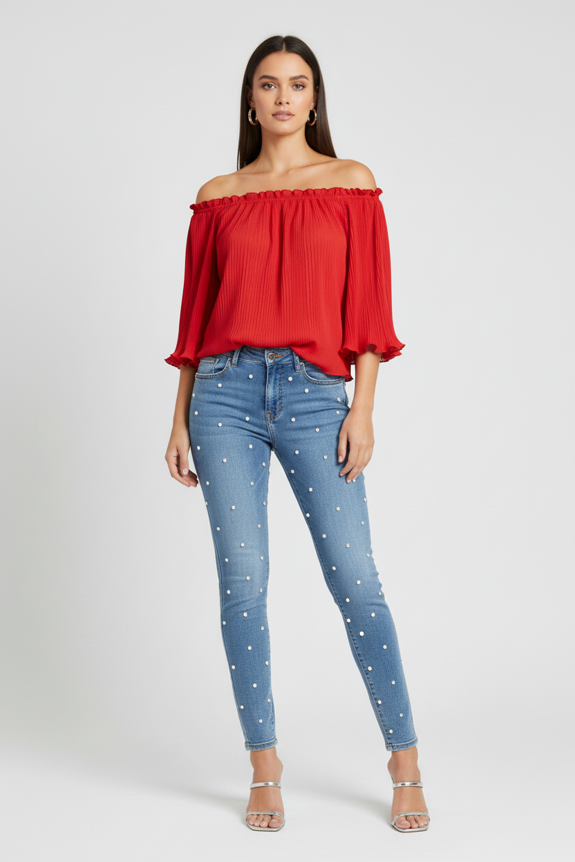 Pearl and Diamante Embellished Voggo Stretch Jeans on Model