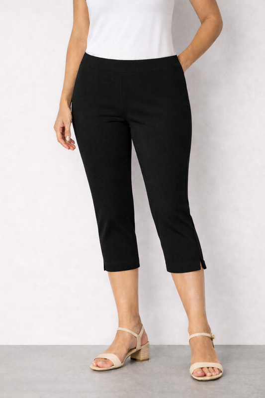 Person wearing 302C Black Slim Leg Bengaline Crop Trouser with Side Split on a plain background