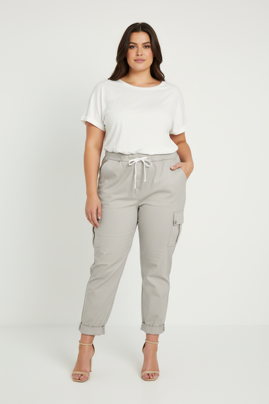 Plus Size Grey Cargo Pocket Turn Up Magic Trousers on model